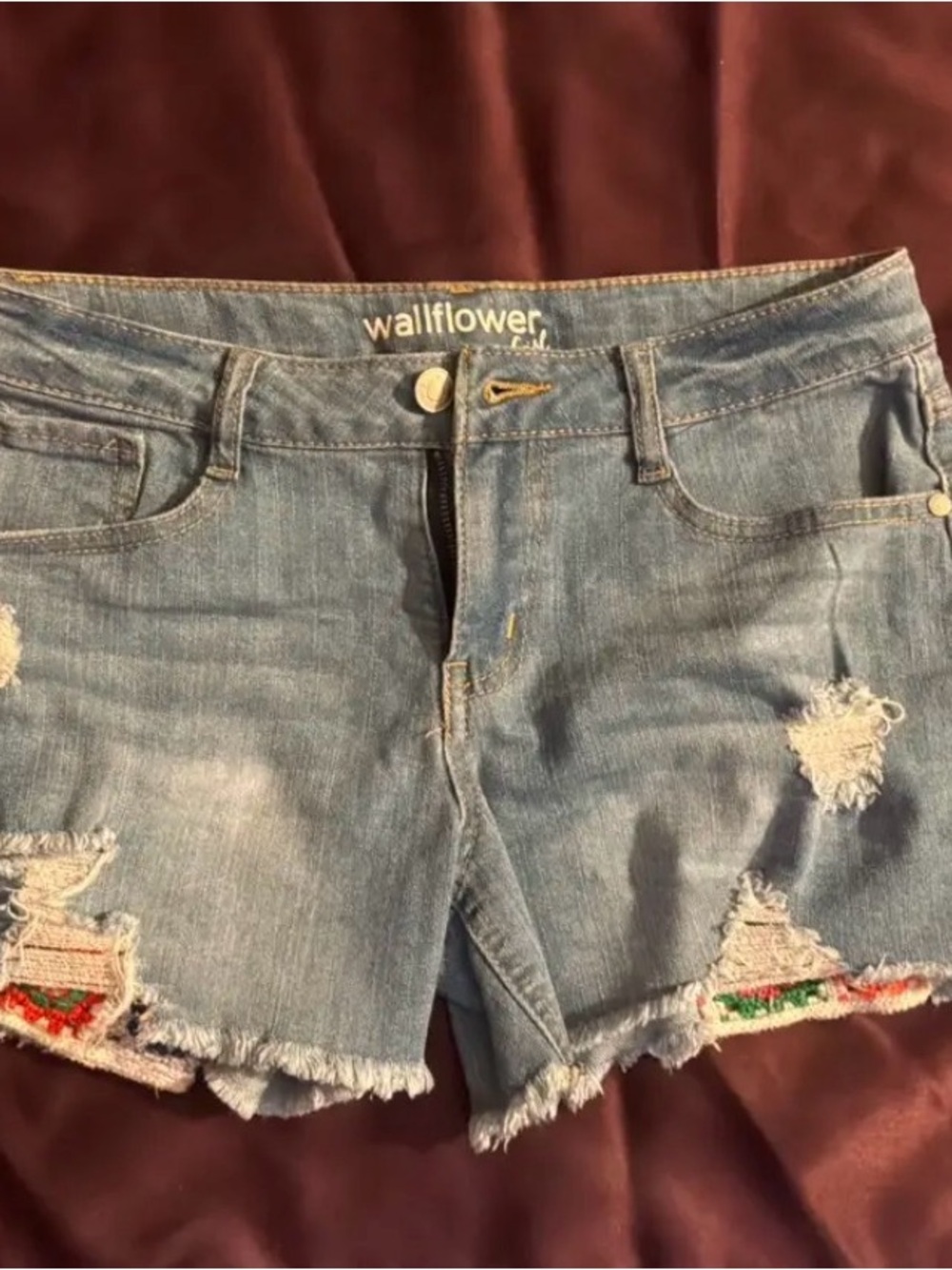 Wallflower Light Blue Distressed Jean Shorts with Embroidered Accents